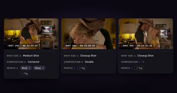 Three Run Rabbit shot cards with their Shot size, Composition and People fields filled by Autofill.