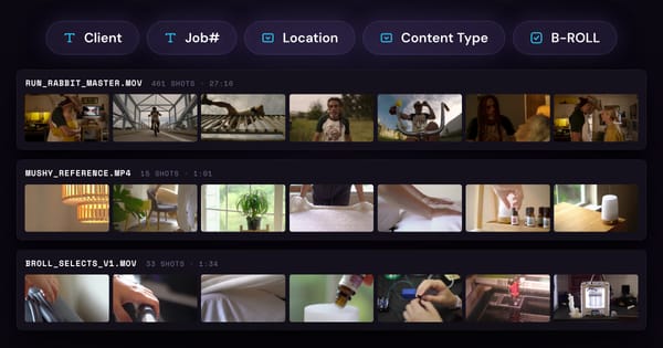 Three project shelves, Run Rabbit, the Mushy reference and a b-roll selects reel, under the field chips Client, Job#, Location, Content Type and B-ROLL.