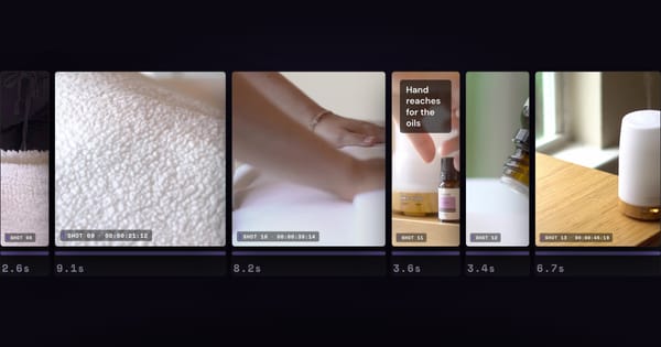 Six shots from the Mushy reference laid out as a timed ribbon with a duration under each.