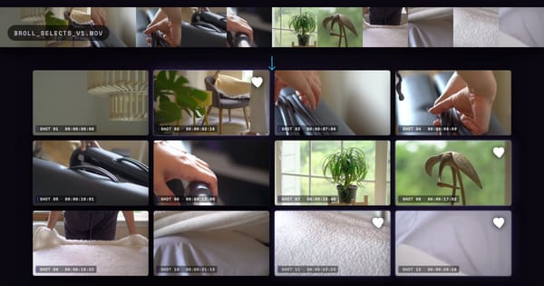 A flat selects reel above the same shots laid out as a grid, some marked as favourites.