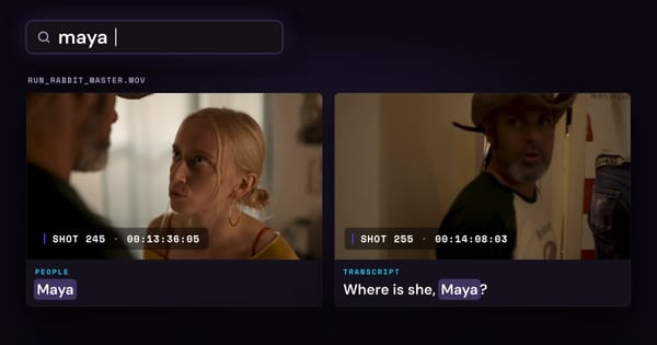 A search for maya returning one Run Rabbit shot from its People tag and one from its transcript line.