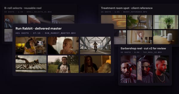 Four project boards: a b-roll selects reel, a treatment room client reference, the Run Rabbit delivered master and a barbershop reel cut for review.